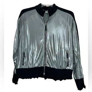 💥2/$15 BNW Weekend metallic silver bomber style light jacket black trim sz 16